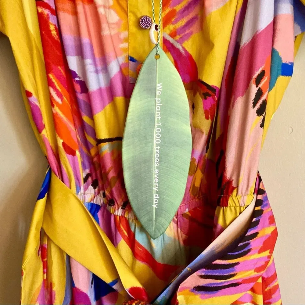 SOLD FARM Rio Neon Macaws Maxi Dress Beaded Tropical Bird Yellow Pink Size L - Picture 15 of 16